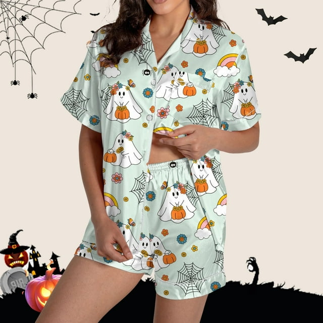 Ensembles de Pyjama pour Femmes Pyjamas Graphiques Imprimés Satin Mignons Vêtements de Nuit Boutons Manches Courtes Hauts Shorts Ensembles S