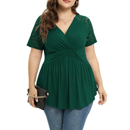 Daystry Plus Size Tunic Tops For Women Lace V-Neck Empire Waist Women Top Babydoll Blouse Dark Green-4X