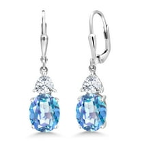 Gem Stone King 925 Sterling Silver Millennium Blue Mystic Quartz and White Moissanite Dangle Earrings for Women (6.94 Cttw, Gemstone Birthstone, Oval 10X8MM, Trillion 5MM)