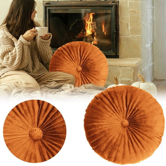 Cushion,Cute Velvet Round Throw Pillow Decorative Round Pleated Throw Pillows Pumpkin Throw Pillows With Center Button Velvet Floor Pillows For Sofa Couch Vanity Chair Bed