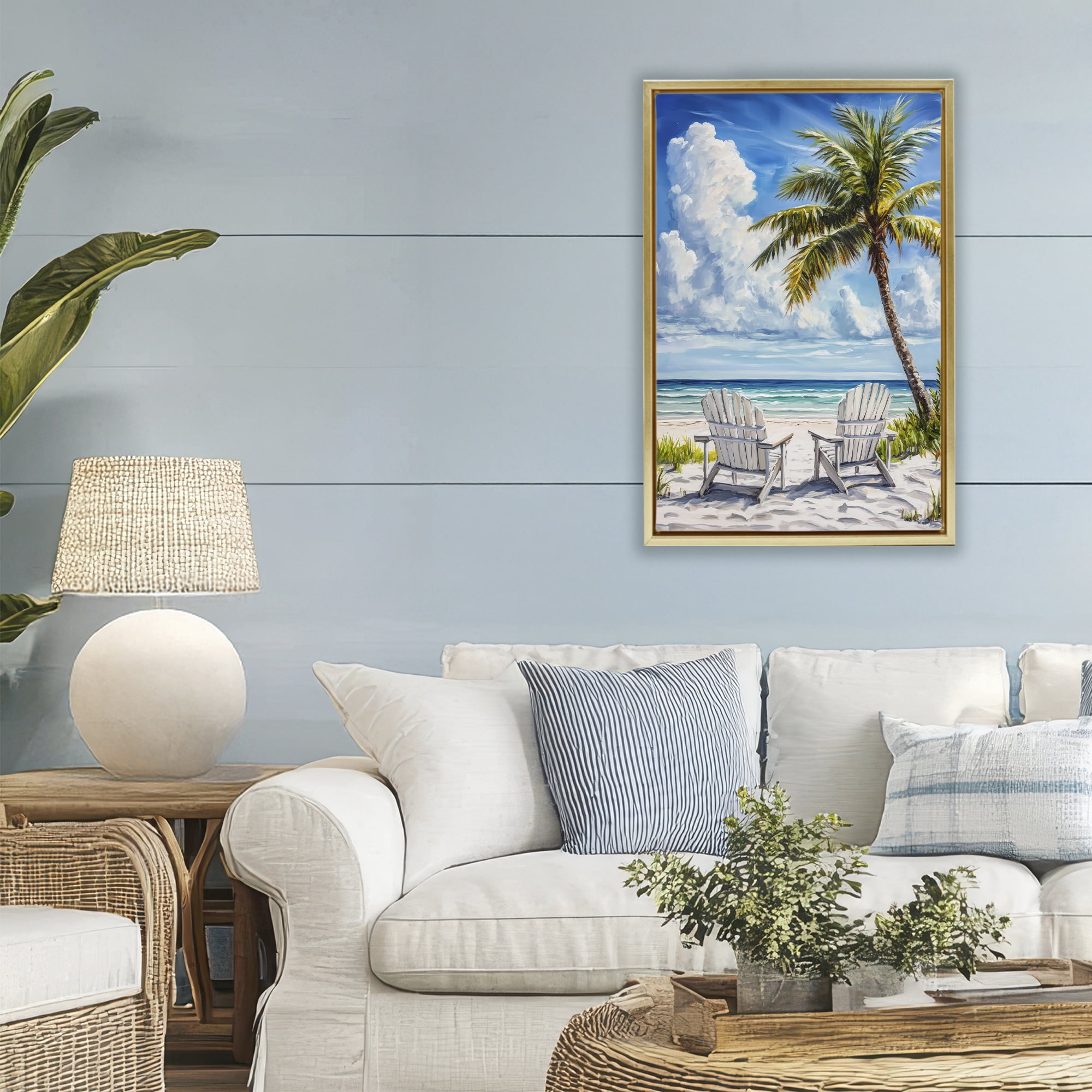 Stupell Industries Clouded Beach with Looming Palm Gold Framed Floater Canvas Wall Art, design by Petal Prints Design