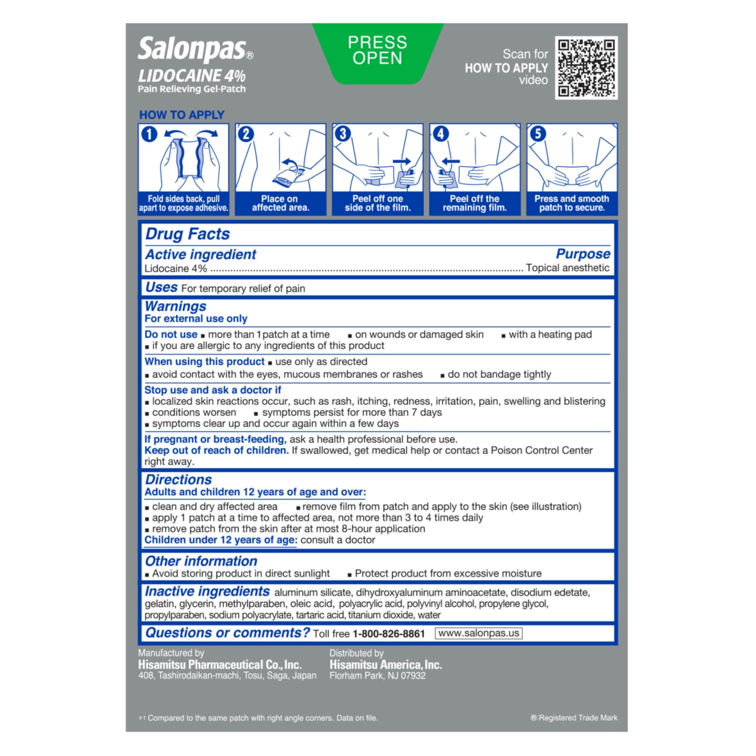 Salonpas Lidocaine 4% Pain Relieving Gel-Patch, 6 Count (Pack of 1)