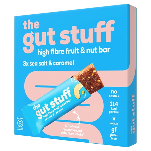 The Gut Stuff High Fibre Fruit & Nut Bar - Sea Salt & Caramel 3 x 35g, Imported from Britain