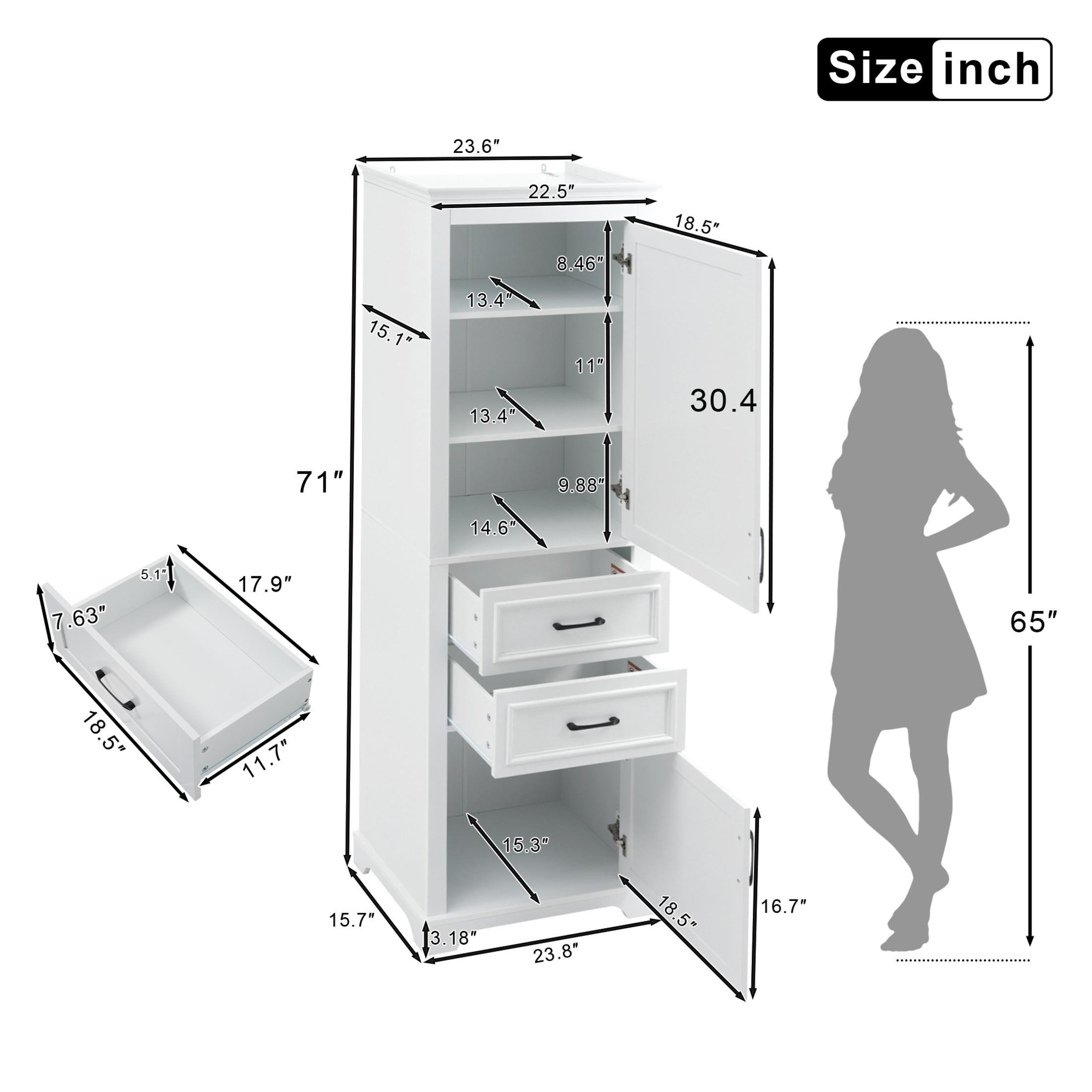 Noble House 71" Freestanding Bathroom Cabinet with Soft-Close Doors, 2 Drawers, Adjustable Shelves, White