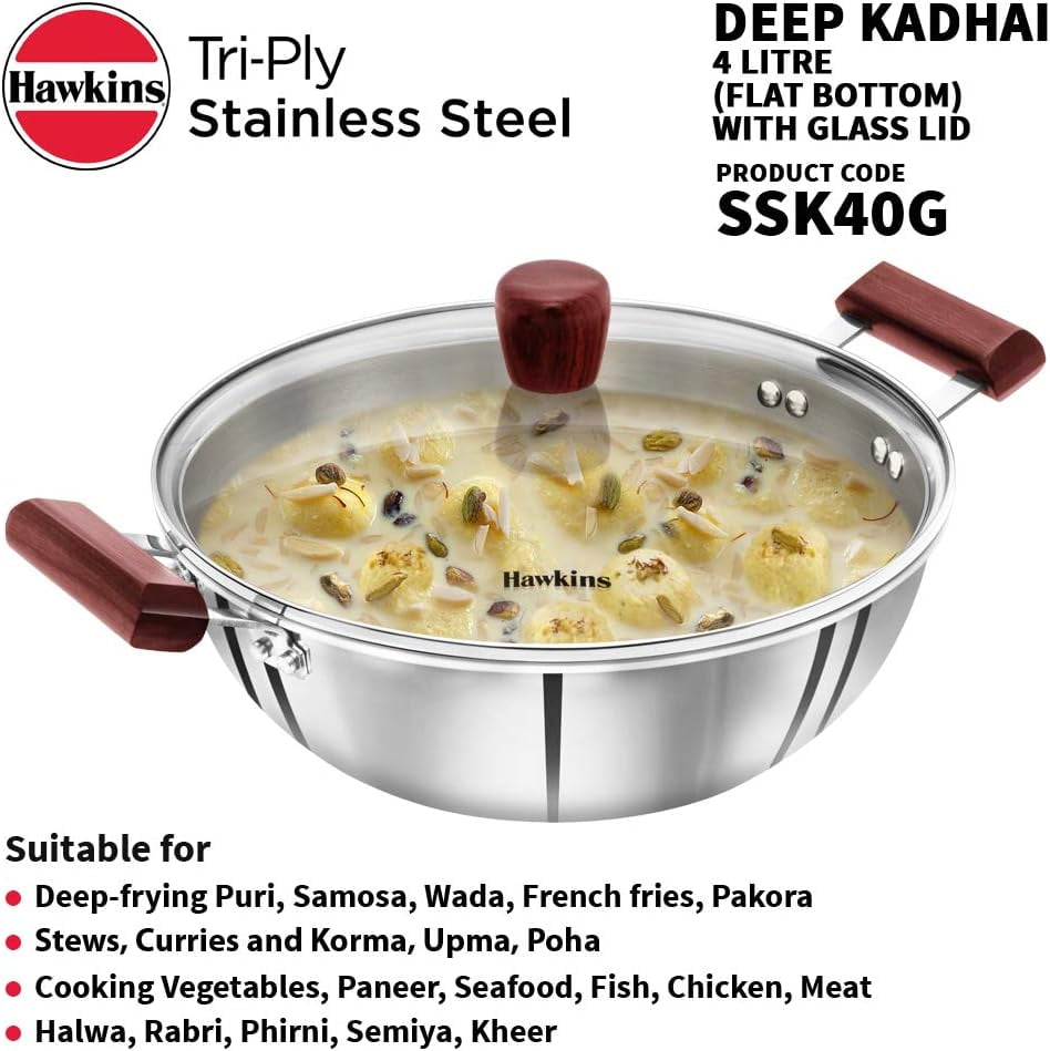 Hawkins Tri Ply Stainless Steel Induction Compatible Deep Kadhai Deep Fry Pan with Glass Lid 4 Liter Walmart