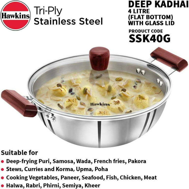 Hawkins Tri Ply Stainless Steel Induction Compatible Deep Kadhai Deep Fry Pan with Glass Lid 4 Liter Walmart