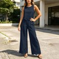thumbnail image 4 of TEAJOPSUU Womens 2 Piece Sets Matching Lace Hem Outfits Sleeveless Crew Neck Crop Tank Tops High Waisted Wide leg Pants Sets Casual Daily Outfits Navy, 4 of 7