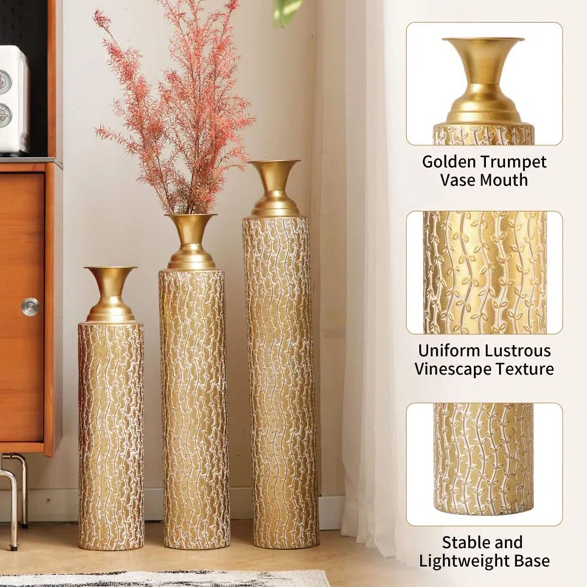 3 Piece Handmade Gold Vase, Tall Metal Floor Vase with Embossed Gold Ivy, Large Flower Vase