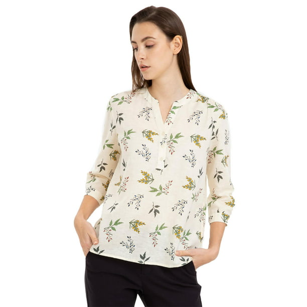 Bossini - bossini Womens 3/4 Sleeve Floral Cotton and Linen Blend Shirt ...