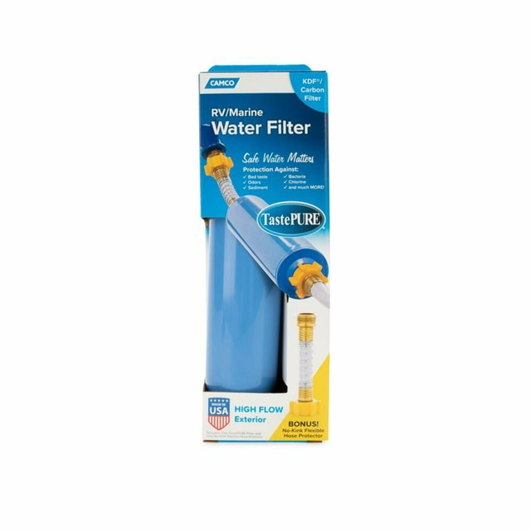 Camco TastePURE RV Water Filter and Hose Protector - Reduces Bad Taste,  Odor and More - Blue (40043) 