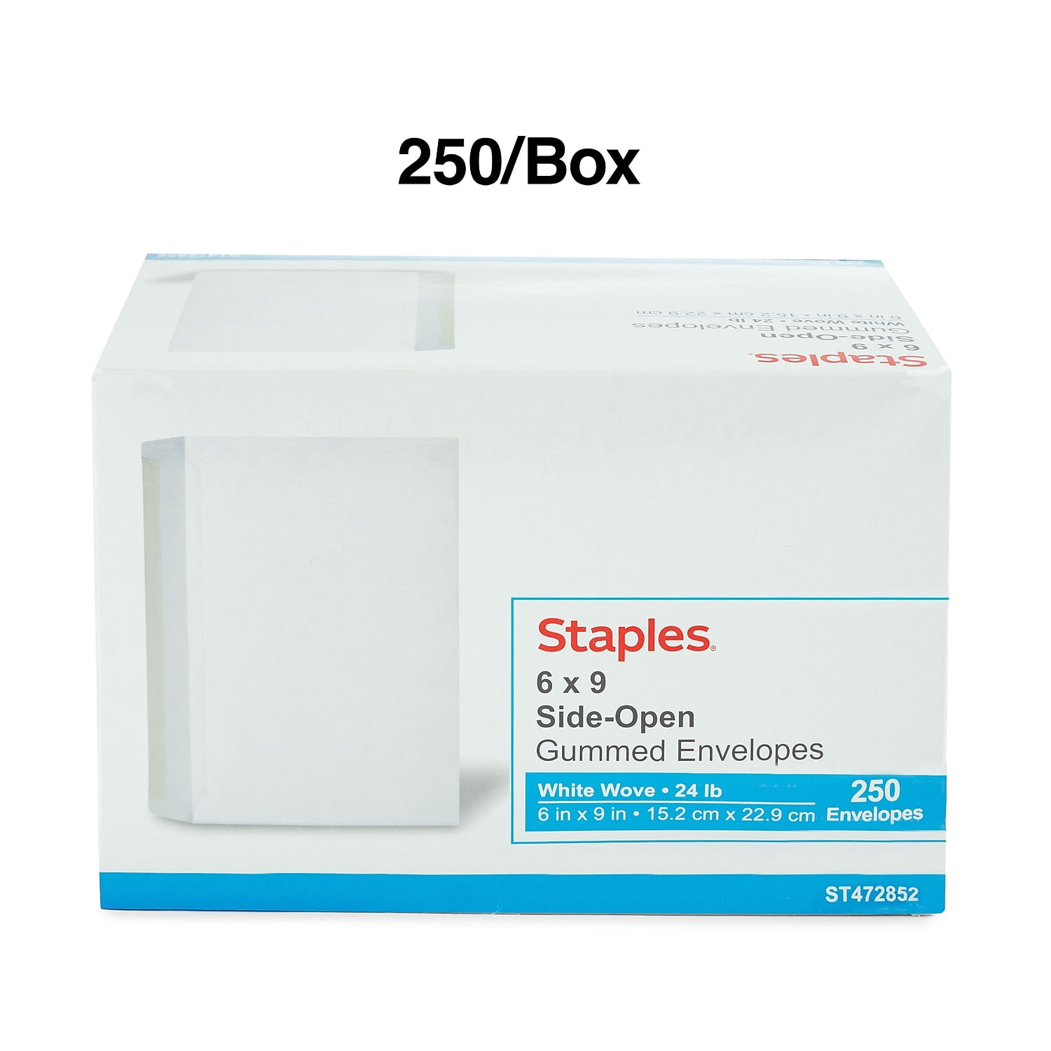 Staples Gummed Flap Side-Opening Booklet Envelopes 6" x 9" White Wove 250/BX 472852