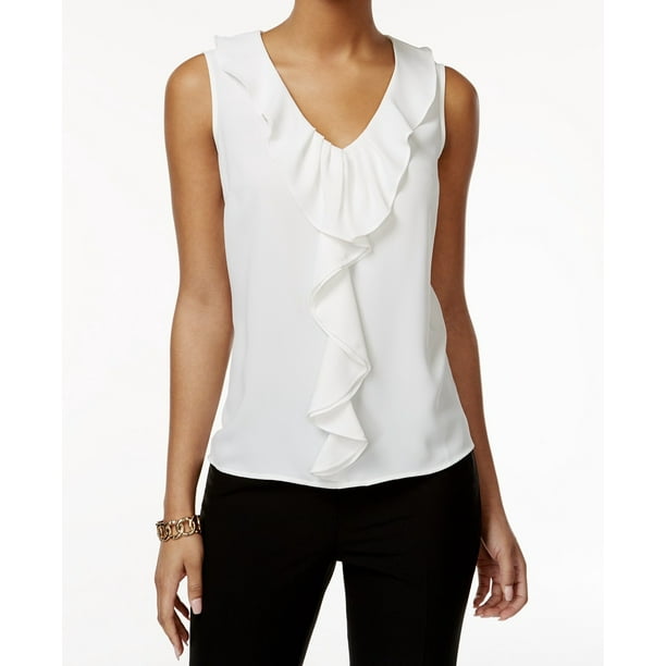 Nine West - Nine West NEW White Womens Size Medium M Ruffle Trim V-Neck ...