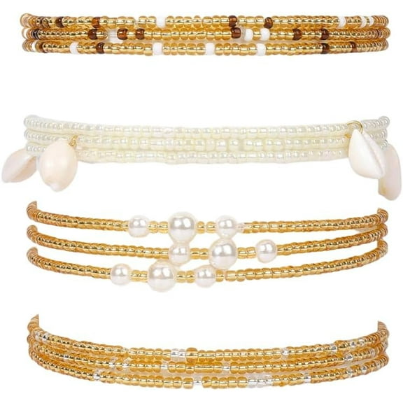 4Pcs Boho Waist Beads Adjustable Slim Chain Belts Seed Beaded Belly Chain Plastic Bikini Body Jewelry for Women Fashion Dresses Summer Beach Goldenrod 820mm 1set