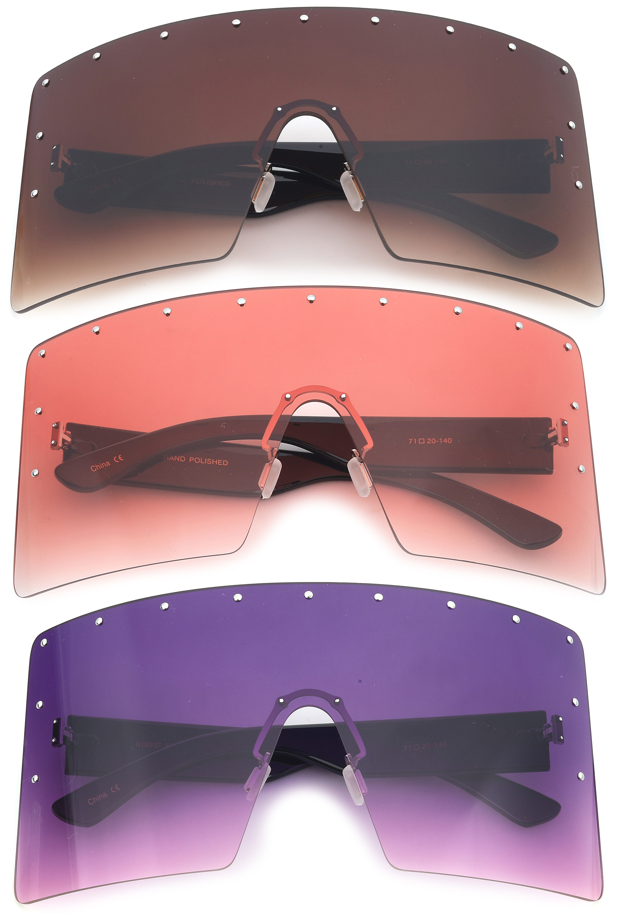 3 Pairs Newbee Fashion One Piece Lens Oversized Square Rimless Large Fashion Sunglasses for Women, 7*3.25 inches Rectangle Flat Top Face Shield, Pins Decorations, UV 400 Lens, Brown & Red & Purple - image 2 of 2