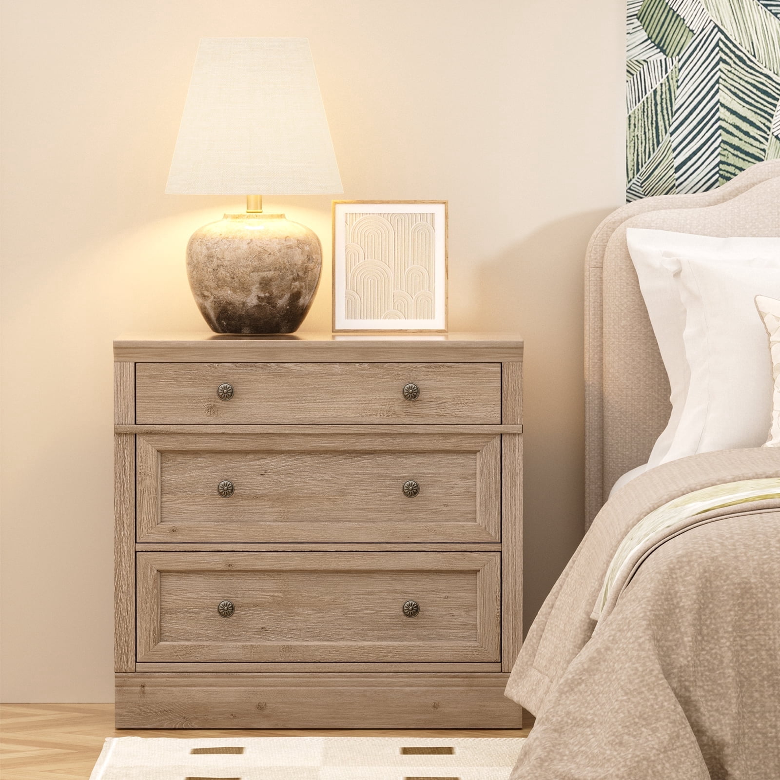 Brafabhome 31.5" Oversized Extra Large Nightstands with 3 Drawers, Wooden Bedside Table with Vintage Handles, Farmhouse Night Stand with Storage for Bedroom, Light Oak