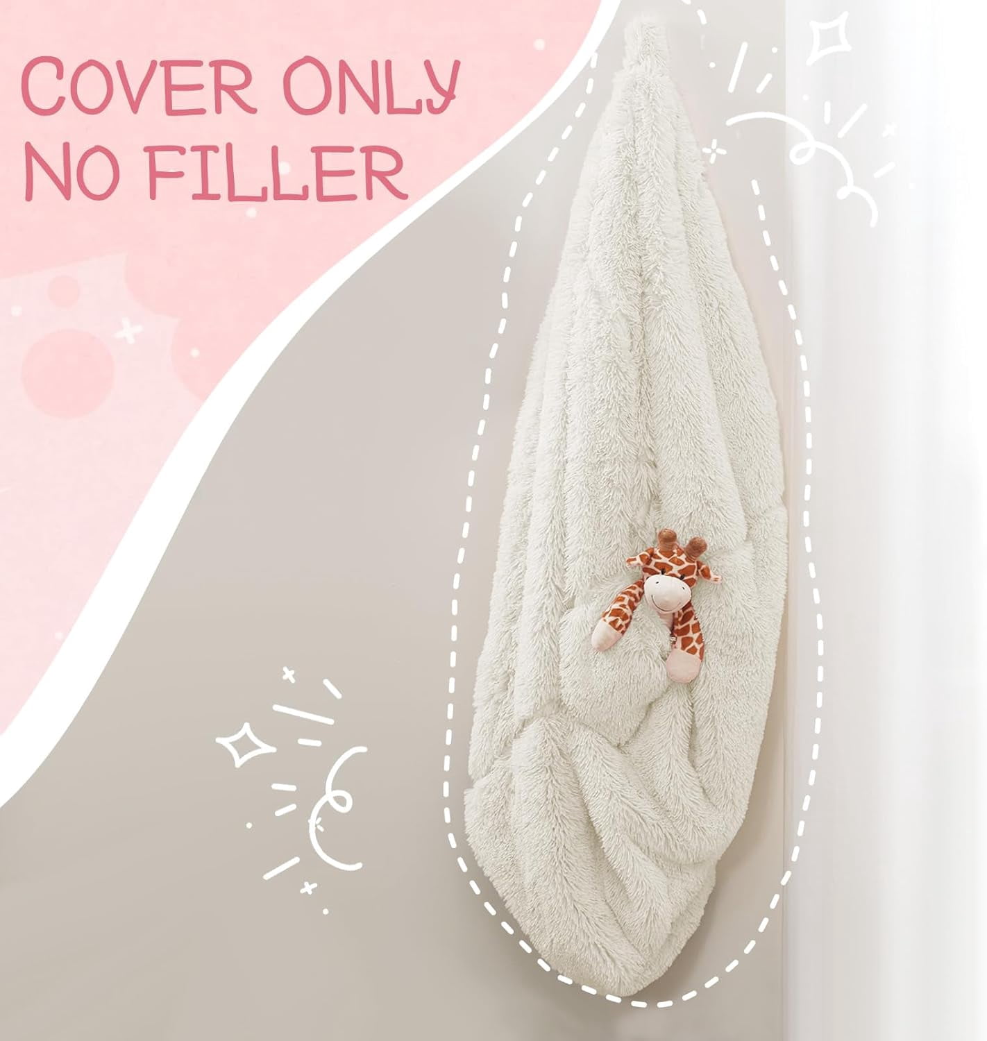 General Bean Bag Cover (No Filler), Stuffed Animal Storage Bean Bag Covers for Kids, Soft Faux Fur Washable Cover with Pocket Handle, Comfy Fluffy Beanbag for Organizing Plush Toys, 27"x21" Beige