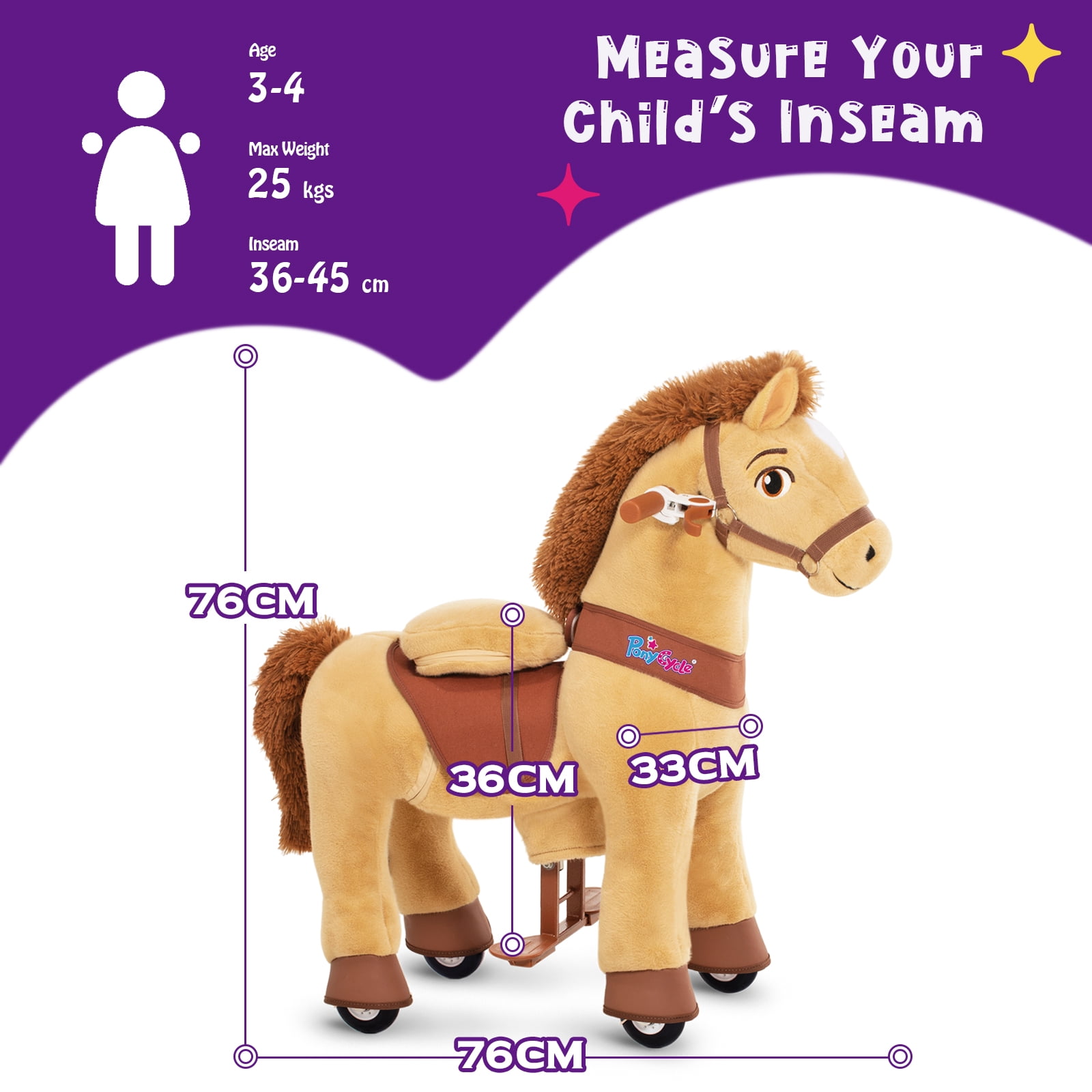 PonyCycle Kid-Powered Ride-On Horse Toy, No Battery, Hand Brake, Ages 3–4, Light Brown, E336