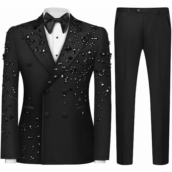 Luxury Men's 2 Piece Suit Classic Fit Slim Solid Double Breasted Beads Crystal Party Wedding Tuxedo Suits Blazer Jacket Pants Set