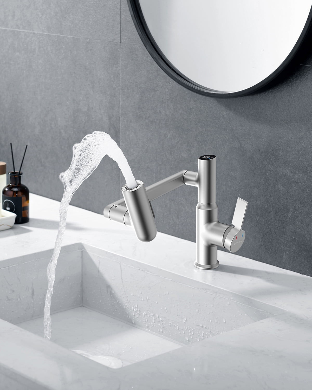 Lefton Rotatable Bathroom Faucet with Temperature Display in Fahrenheit (Batteries-Free), 3 Water Outlet Modes, Brushed Nickel, BF2204-0