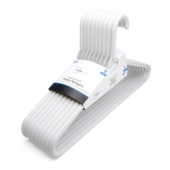 Mainstays Heavyweight Plastic Clothes Hangers, White, 9-Count, Strong Support for Coats & Suits