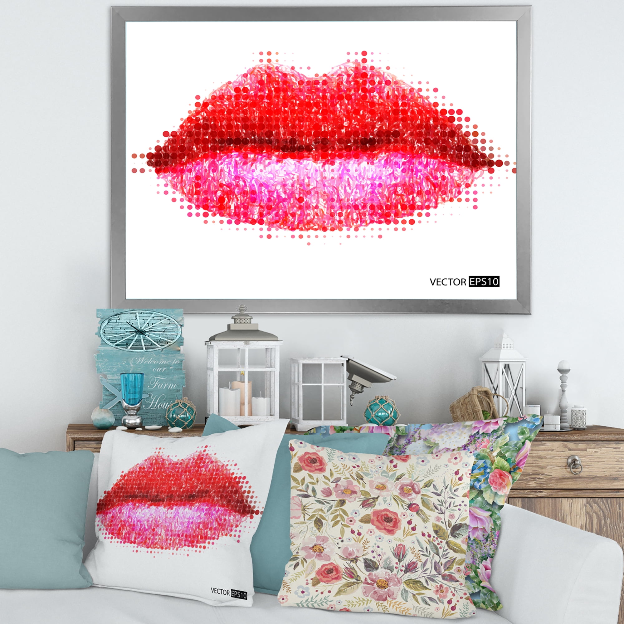Designart 'Abstract Red Woman Lips in Pixels' Modern Framed Art Print