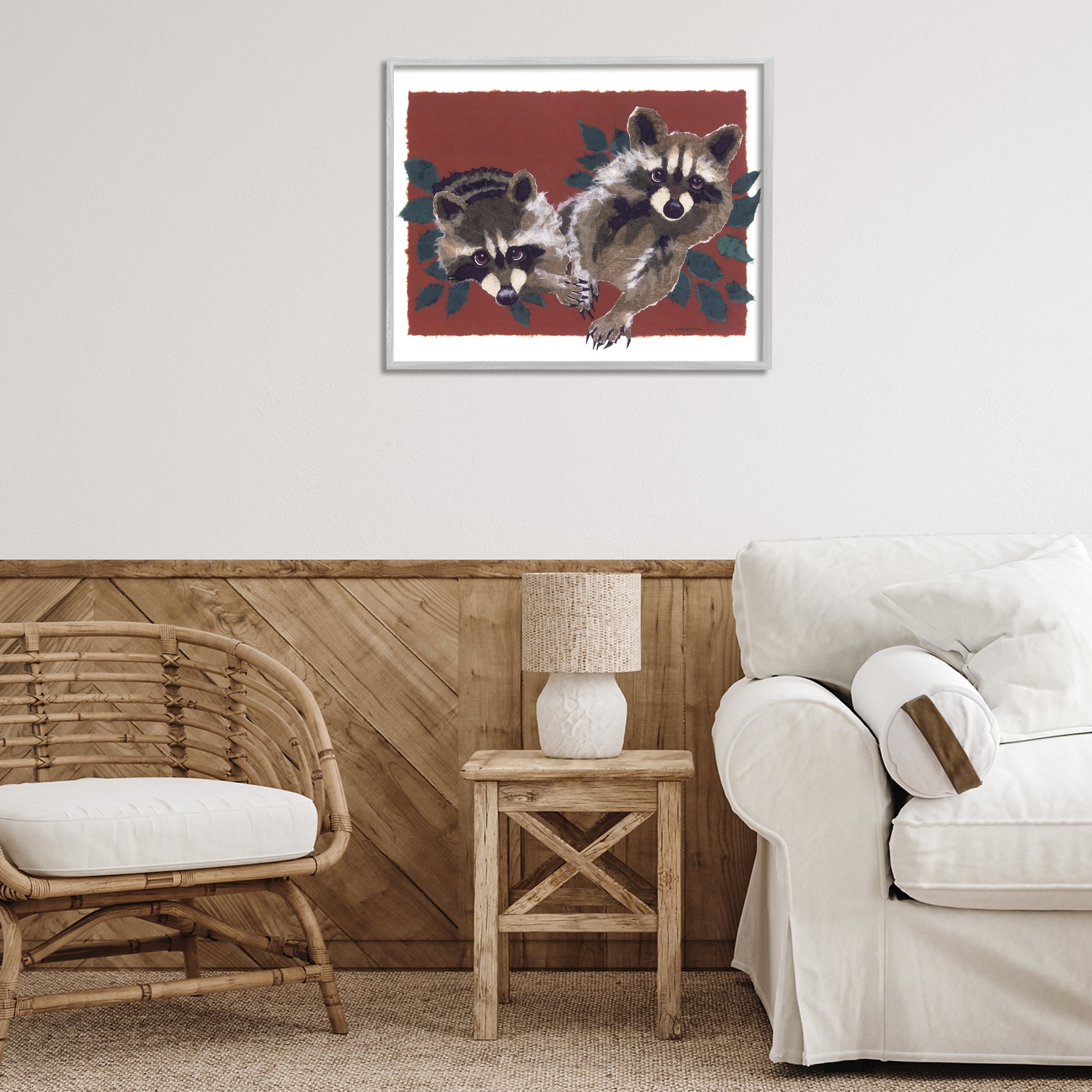 Stupell Industries Two Raccoons & Leaves Animals & Insects Painting Gray Framed Art Print Wall Art, 30 x 24