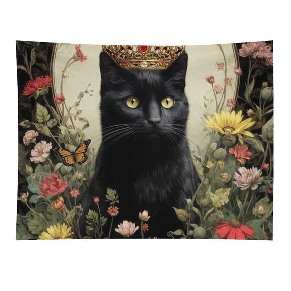 NIANHE Black Cat with Crown in Flowers Tapestry, Polyester Print Wall Hanging Tapesties for Bedroom Dorm Living Room, Aesthetic Home Decor for Adults And Family