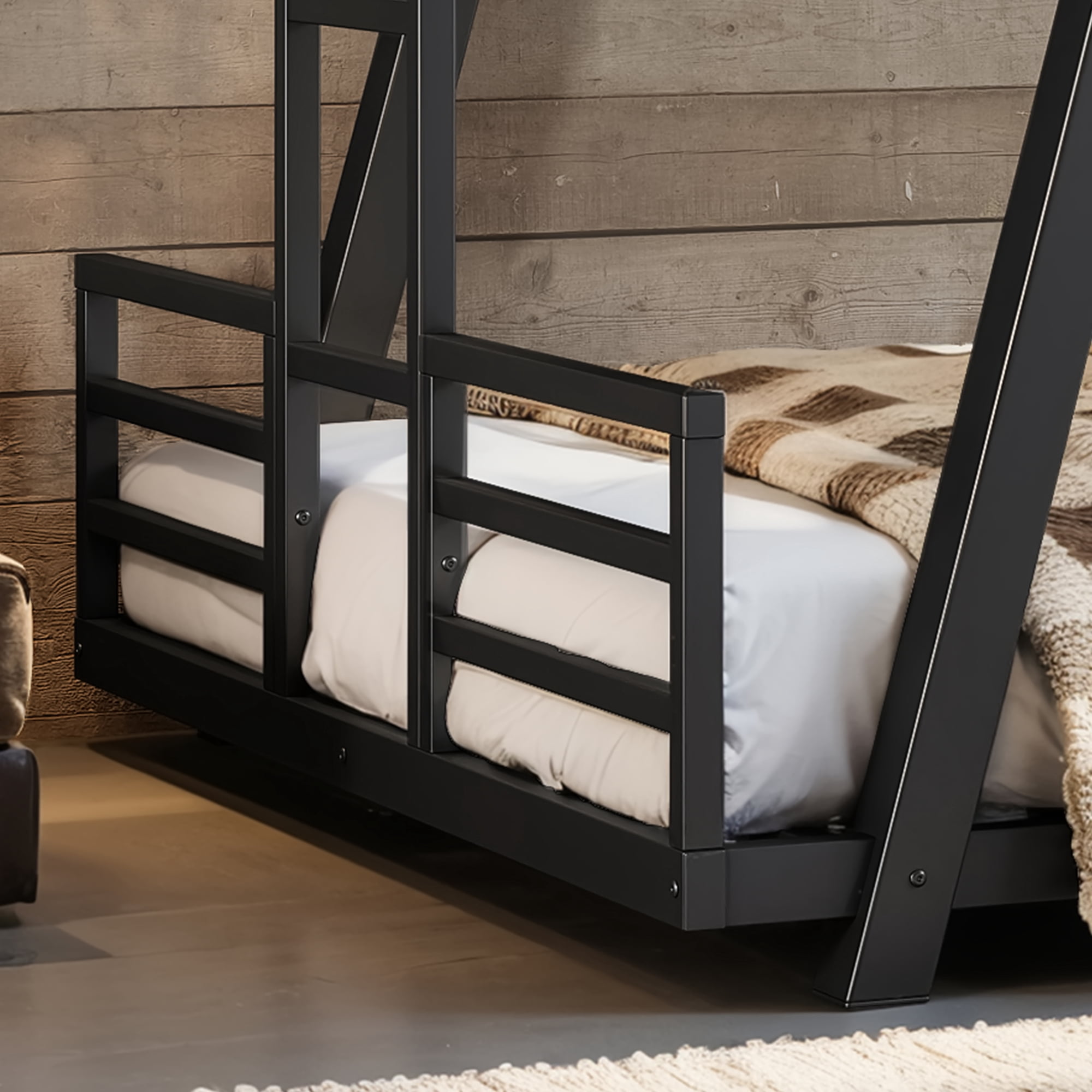 Leumius Full over Full Bunk Bed Frame with 2 Side Ladders, Metal Bunk Bed with Spdcial Support Leg Design and LED Light, Low Profile Bunk Bed for Teens Adults Black