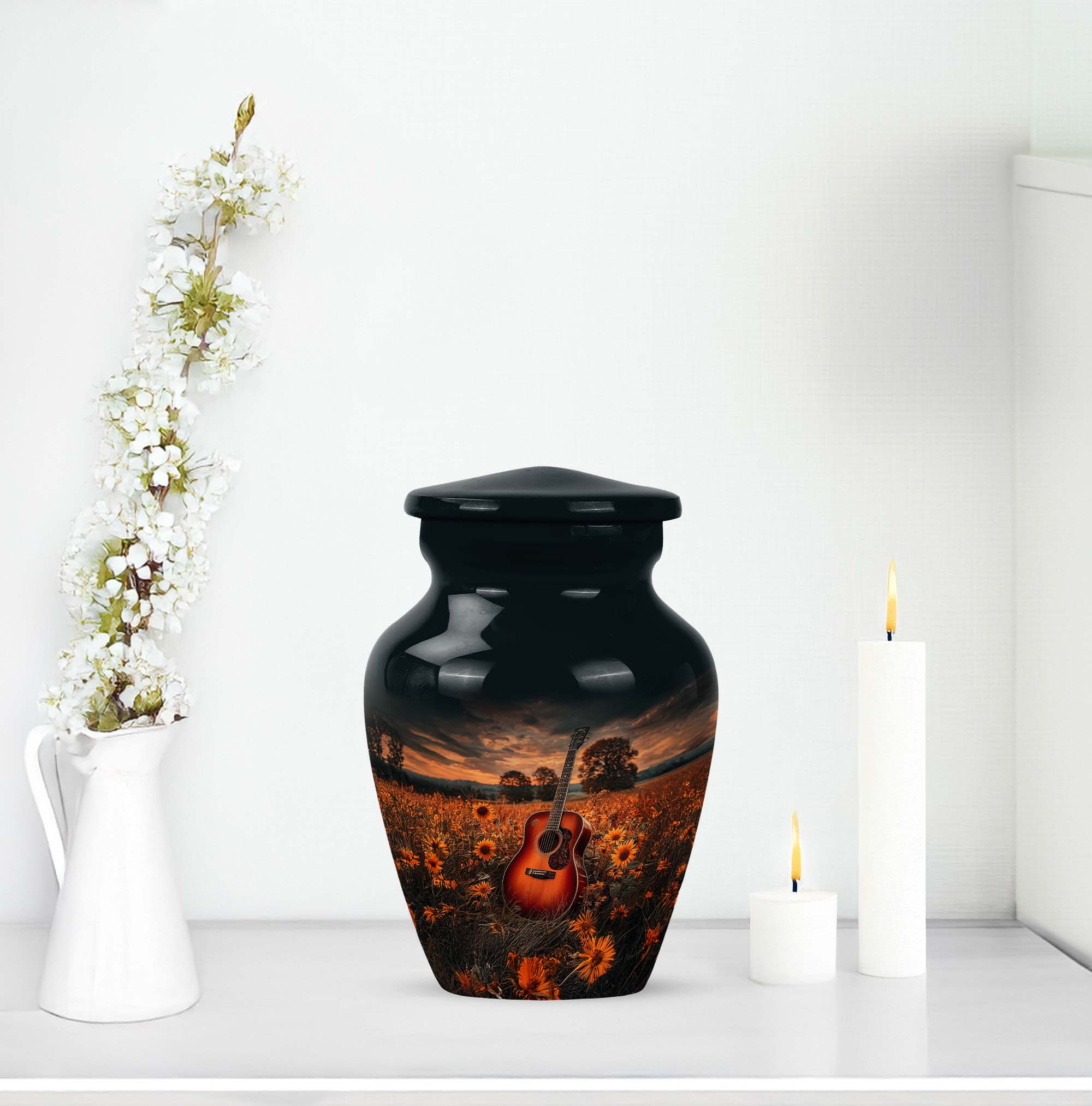 Guitar Urns For Human Ashes For Adults - Brown Keepsake For Ashes For Husband And Wife - Black Small Urns For Male, 3 Inch - Burial Mini Urn For Adult Female - Keepsake Sunflower Urn For Dad