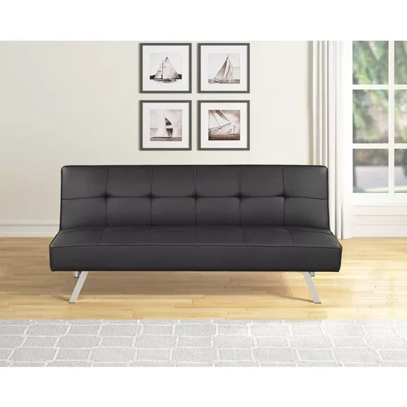 Contemporary Faux Leather Tufted Futon Sofa Bed with Chrome Metal Legs, Living Room Sleeper Sofa Couch, Black