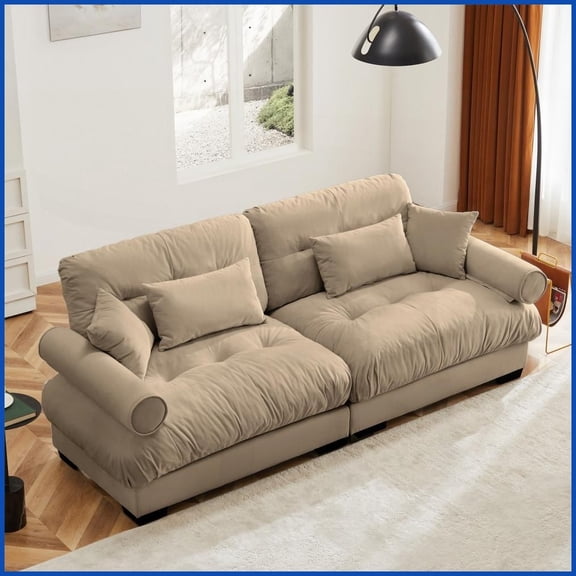 Modern Camel Velvet Two-Seater Sofa with Bolstered Armrests & Pillows - Ideal for Living Room, Loft, Bedroom