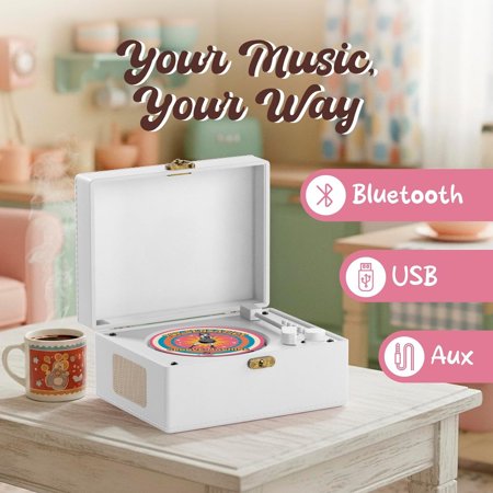 Retro Mini CD Music Player with Built-in Speakers, Bluetooth, USB & AUX Input, Rechargeable Battery, Compact Record Player Design for Home and Office Decor