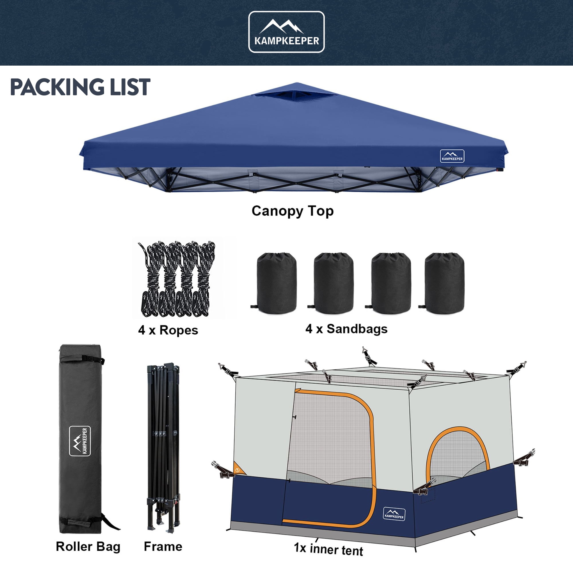 KAMPKEEPER 10x10 Instant Pop Up Canopy with Camping Inner Tent, Fits 6 Person, Navy Blue