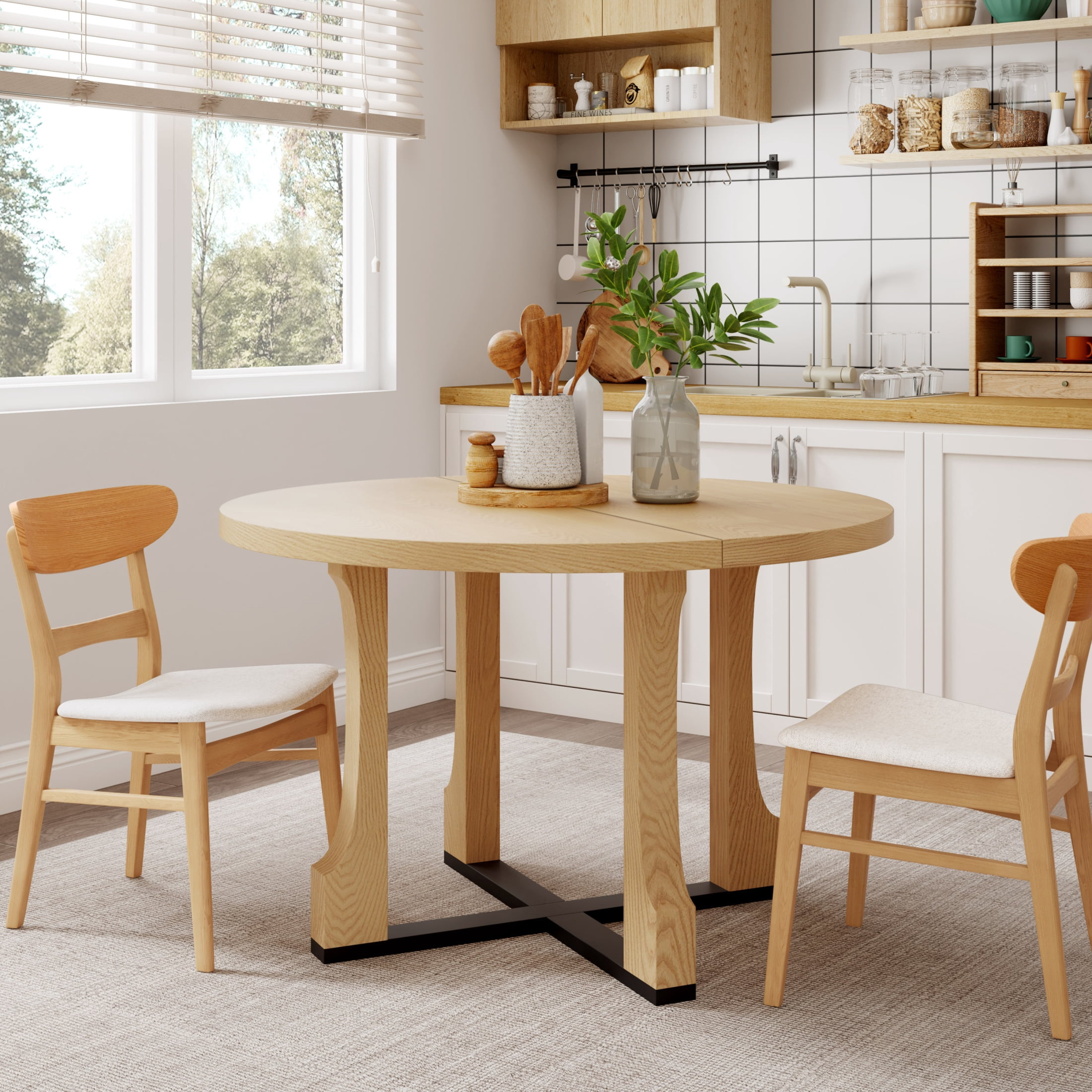 Christopher Knight Home Farmhouse Round Dining Table 48" With Solid Wood X-Base in Natural Ash