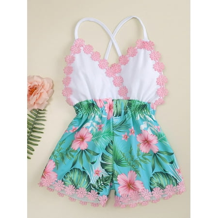 

Toddler Girls Tropical Print Appliques Criss Cross Back Cami Romper Multicolor Boho A040W