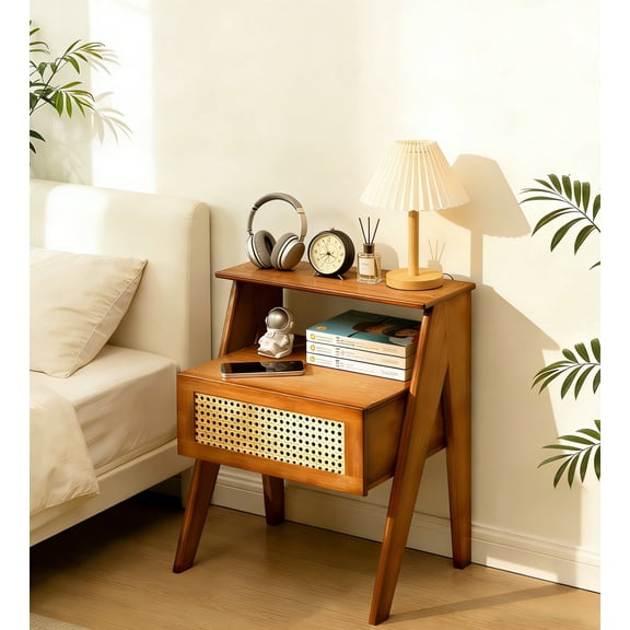 MEHOOM Bamboo Nightstand, Side Table with Drawer Open Shelf, Accent Bedside End Table with Solid Bamboo Legs, Brown Night Stand for Bedroom, Dorm and Small Spaces