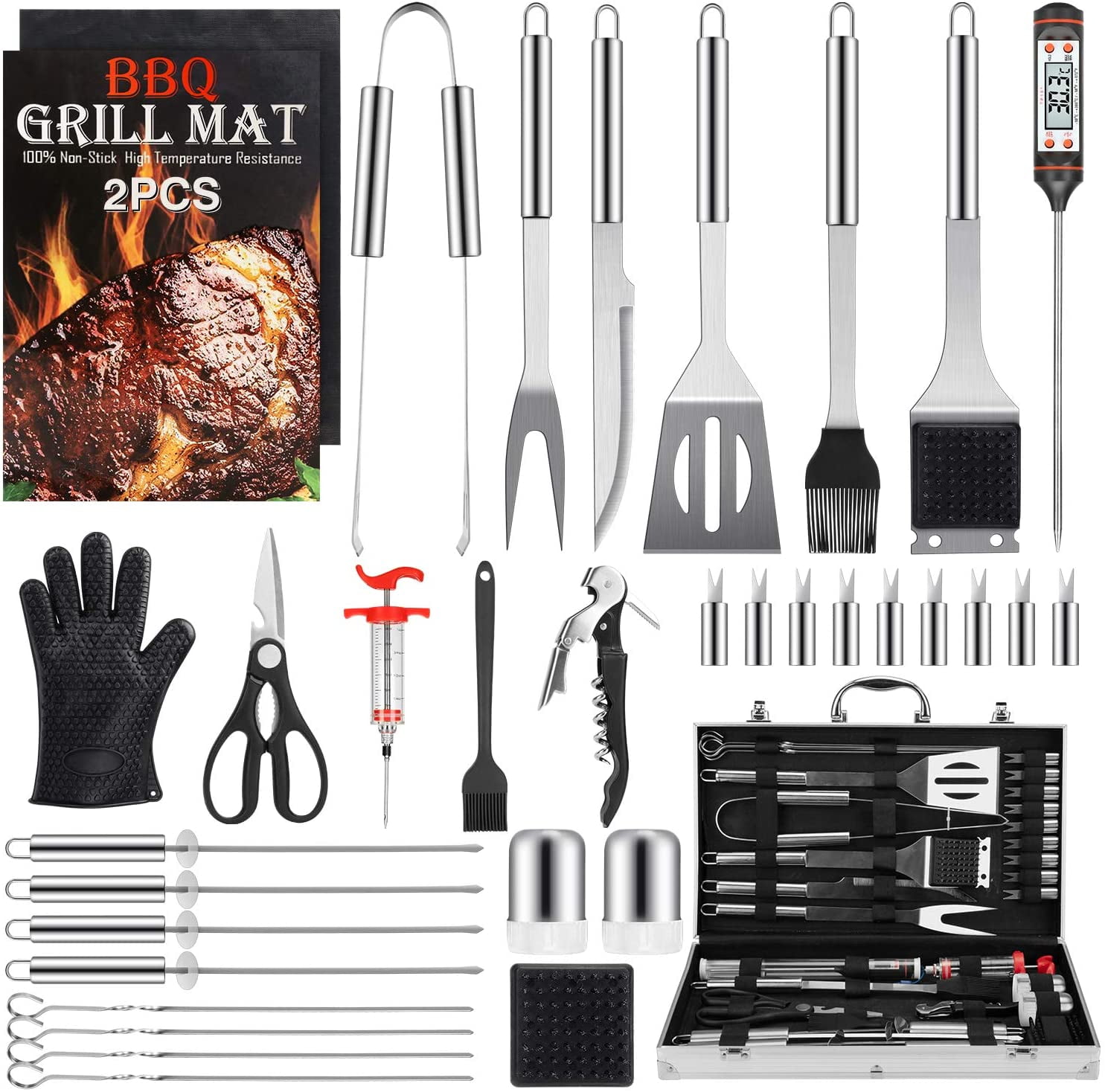 BBQ Grill Set Gift for Dad 3 x 5 Outdoor Grill Pad & 18 BBQ Spatula Gift for Dad 2 Pc Set Under The Grill Mat & Grilling Spatula by New Pig