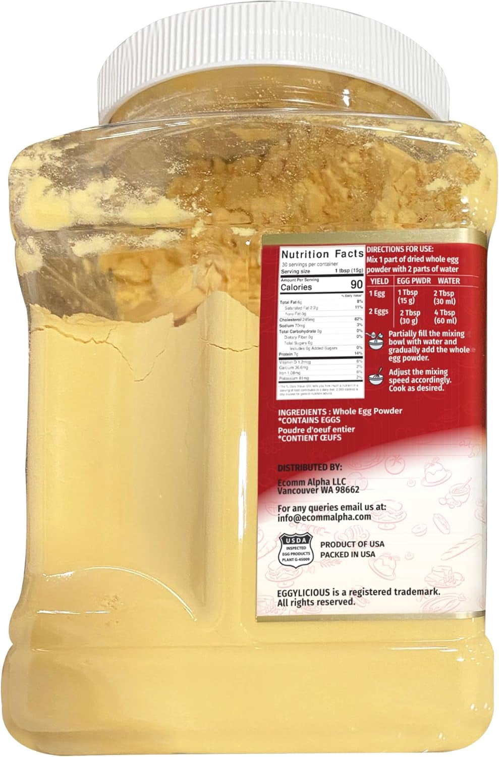 Eggylicious Whole Egg Powder, Dried Natural Protein Powder, Made from Fresh Eggs White & Yolk mixed, Pasteurized, 1lbs (16oz)