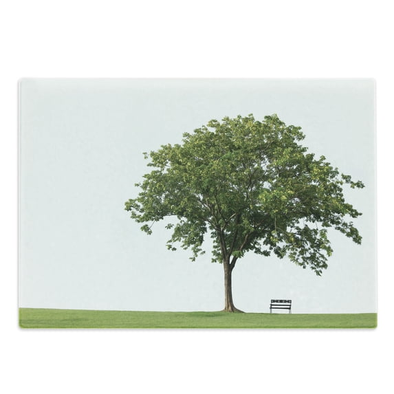 Tree Cutting Board, Bench Under Majestic Tree Looks Like Solitude in Habitat Environment Design, Decorative Tempered Glass Cutting and Serving Board, Large Size, Green White, by Ambesonne