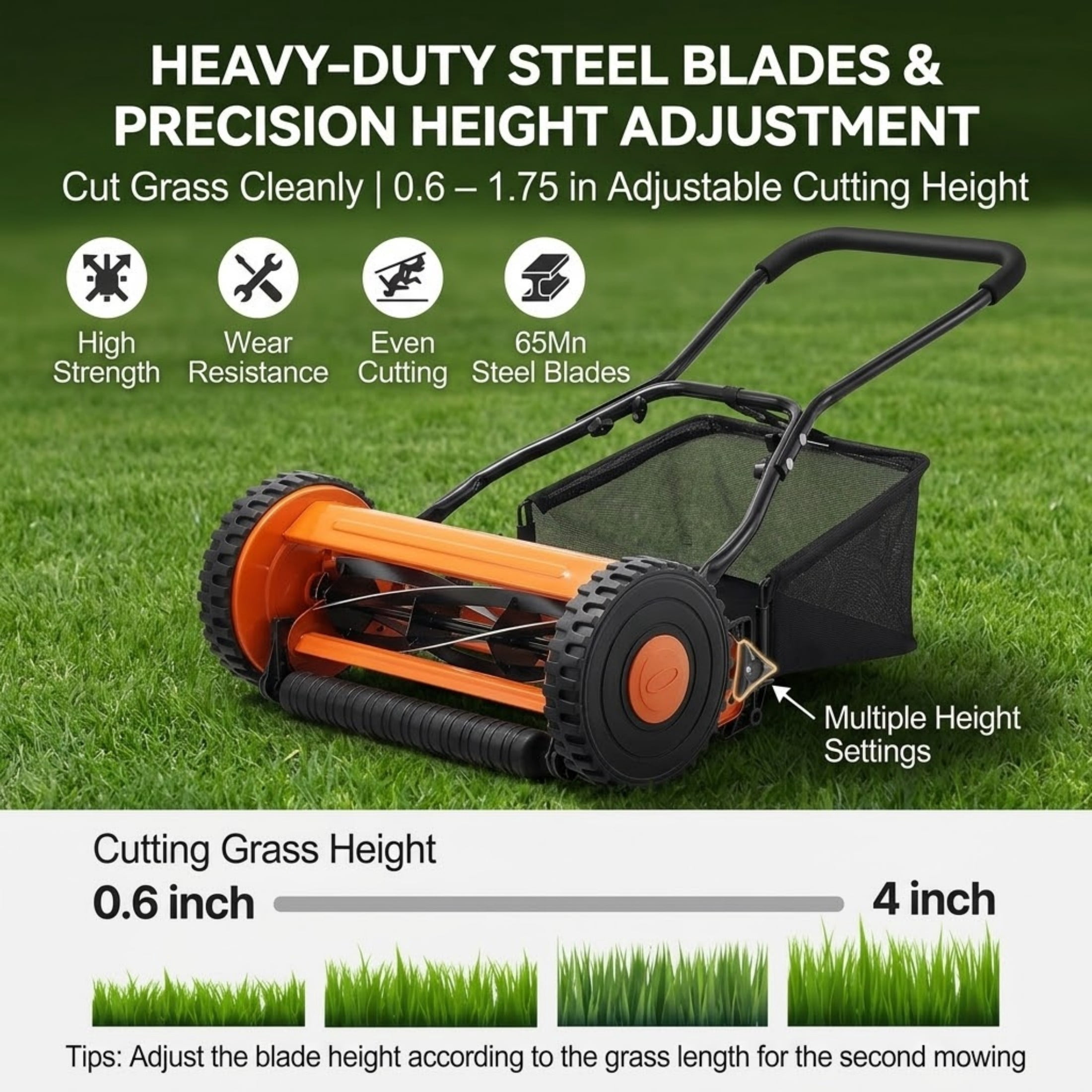 JUVOCT 14-Inch 5-Blade Push Reel Lawn Mower, Manual Walk-Behind Mower with Grass Catcher and Adjustable Height