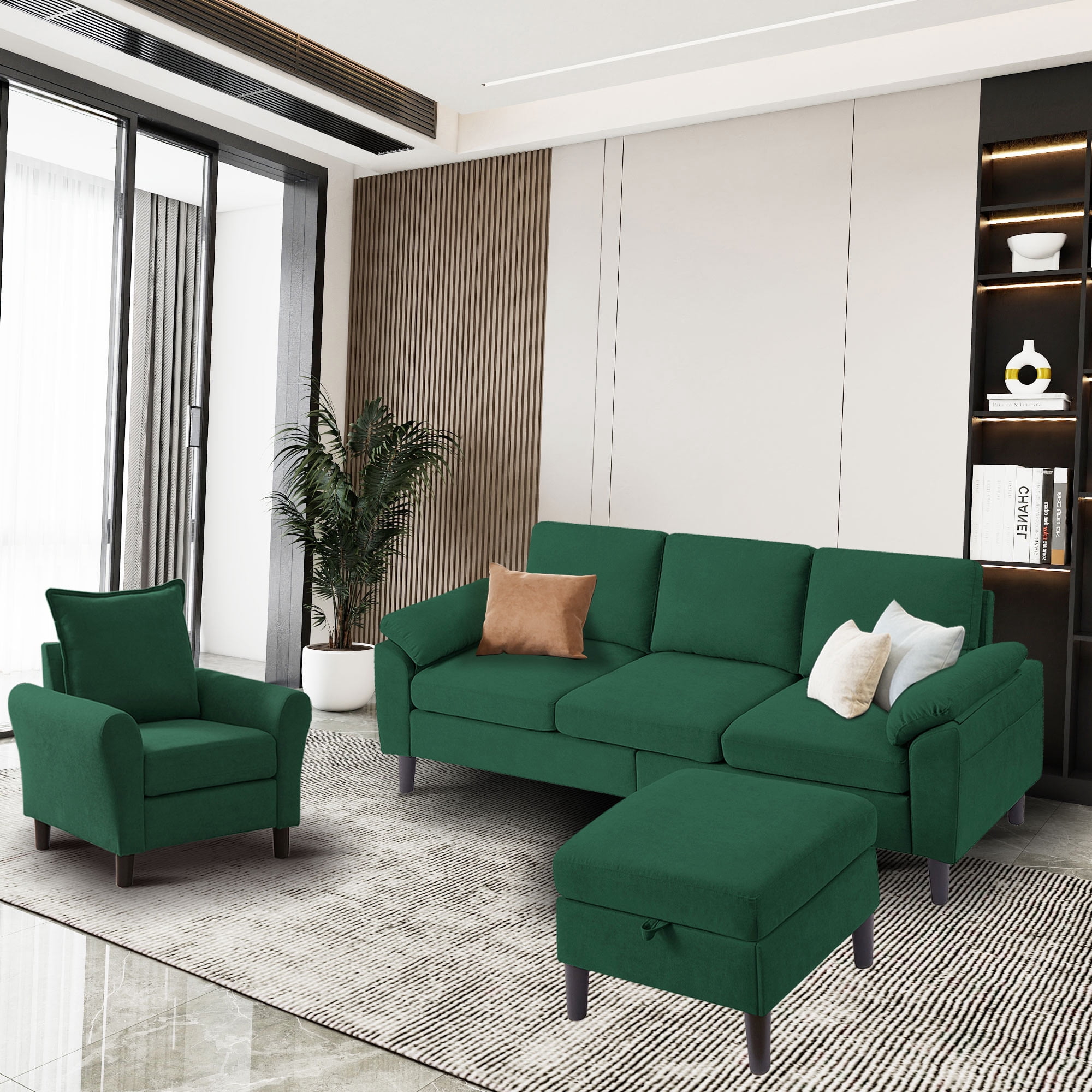 79" Convertible Sectional Sofa Set, Modern Linen Small L Shaped Couch with Reversible Chaise and Loveseat Sofa, 3-Seat Sofa Couches for Living Room, Office, Apartment, GREEN