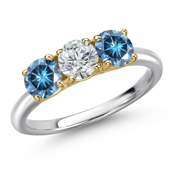 Gem Stone King 925 Silver and 10K Yellow Gold Lab Grown Diamond and Persian Blue Moissanite Engagement Ring for Women | 1.50 Cttw | Round 5MM | Gemstone April Birthstone | Size 5