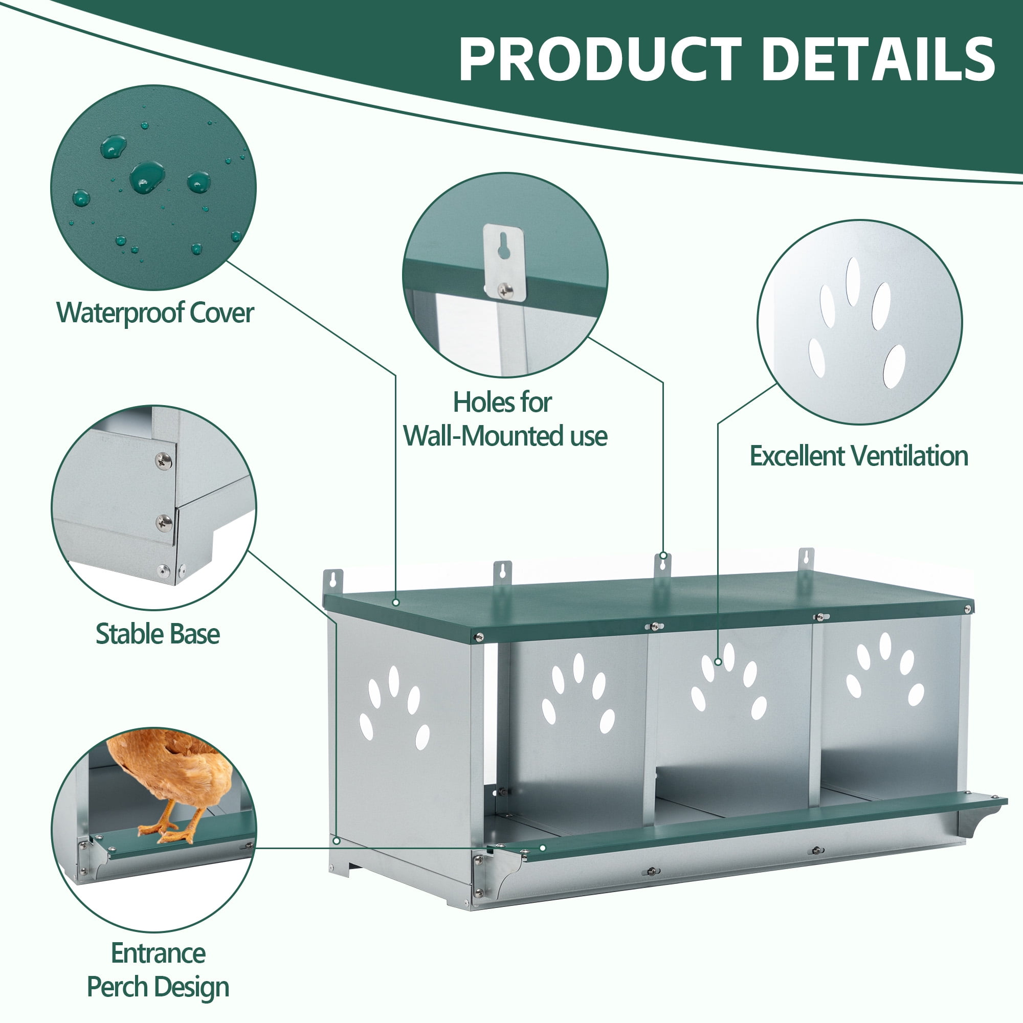 Nesting Box for Chickens, 3-Compartment Galvanized Steel Heavy Duty Metal Egg Laying Box with Ventilation Holes for Poultry Coop, Green