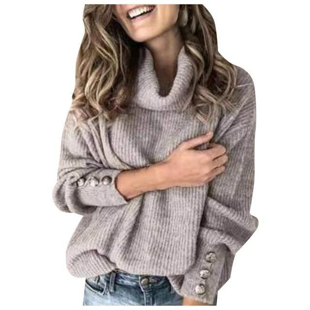 Kcodviy Col Roulé Femme Manches Longues Boutons Tricoté Décontracté Top Chaud