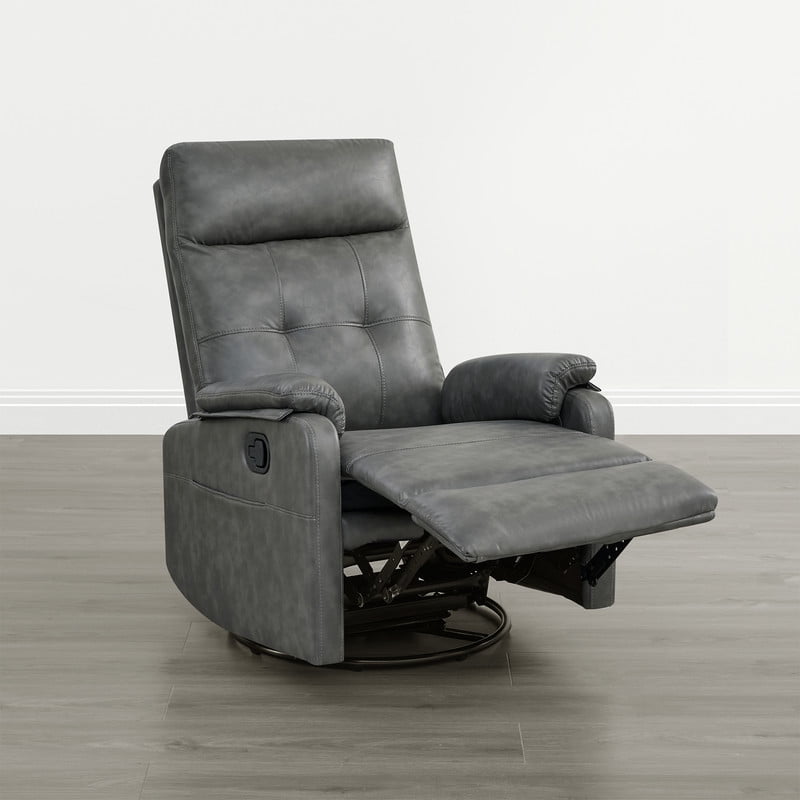 Spruce & Spring Manual Swivel Recliner Chair with Storage Pocket & Cup Holders for Living Room & Bedroom, Gray Faux Leather
