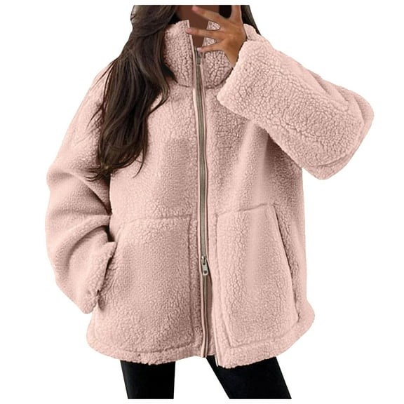 felwors Women's Wool Jacket - Oversized Two-Way Zip Sherpa Fuzzy Casual Coat, Fall & Winter 2025 with Pockets Light Pink, XXL