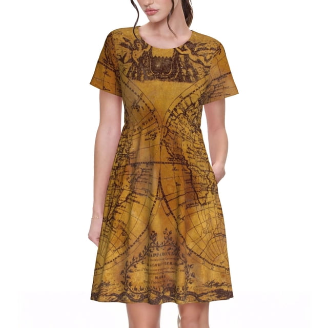 Disketp Vintage Map para Vestido de Manga Corta para Mujeres, Vestidos de Verano para Mujeres, Casual y Holgado para la Playa