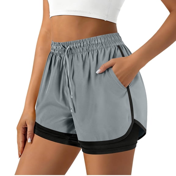 cocolona Womens Summer Casual High Waist Athletic Shorts Faux Two-piece Elastic Waist Drawstring Gym Running Shorts with Pockets