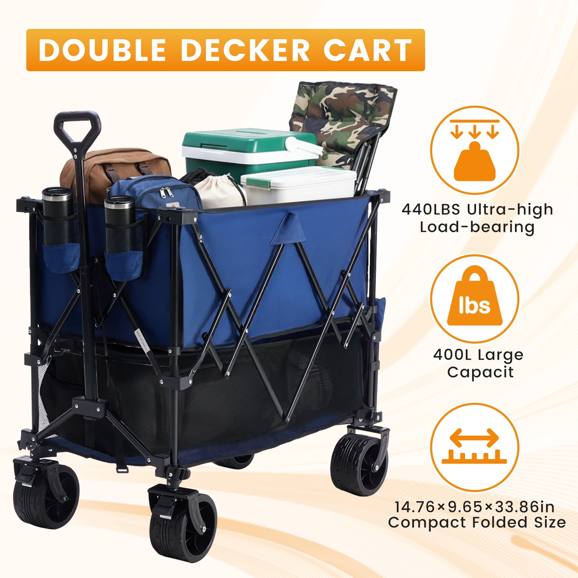 edx Large Capacity Folding Double Decker Wagon with Brakes, 54" Extra Long Extended Wagon, Equipped with 7" All-Terrain Big Wheels for Camping, Sports, Beach