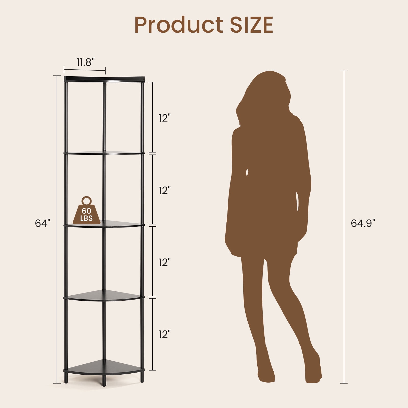 Corner Shelf Stand, 5-Tier Corner Shelves, 65" Wall Corner Bookshelf, Display Shelf Tall Shelf Plant Stand for Bedroom, Bathroom, Living Room, Black
